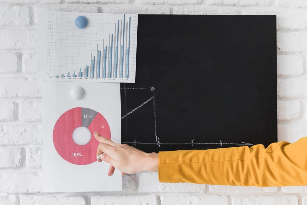 close up marketing strategist showing trends and statistics