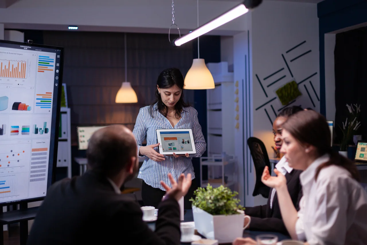 Data-driven business meeting focused on growth strategies and analytics