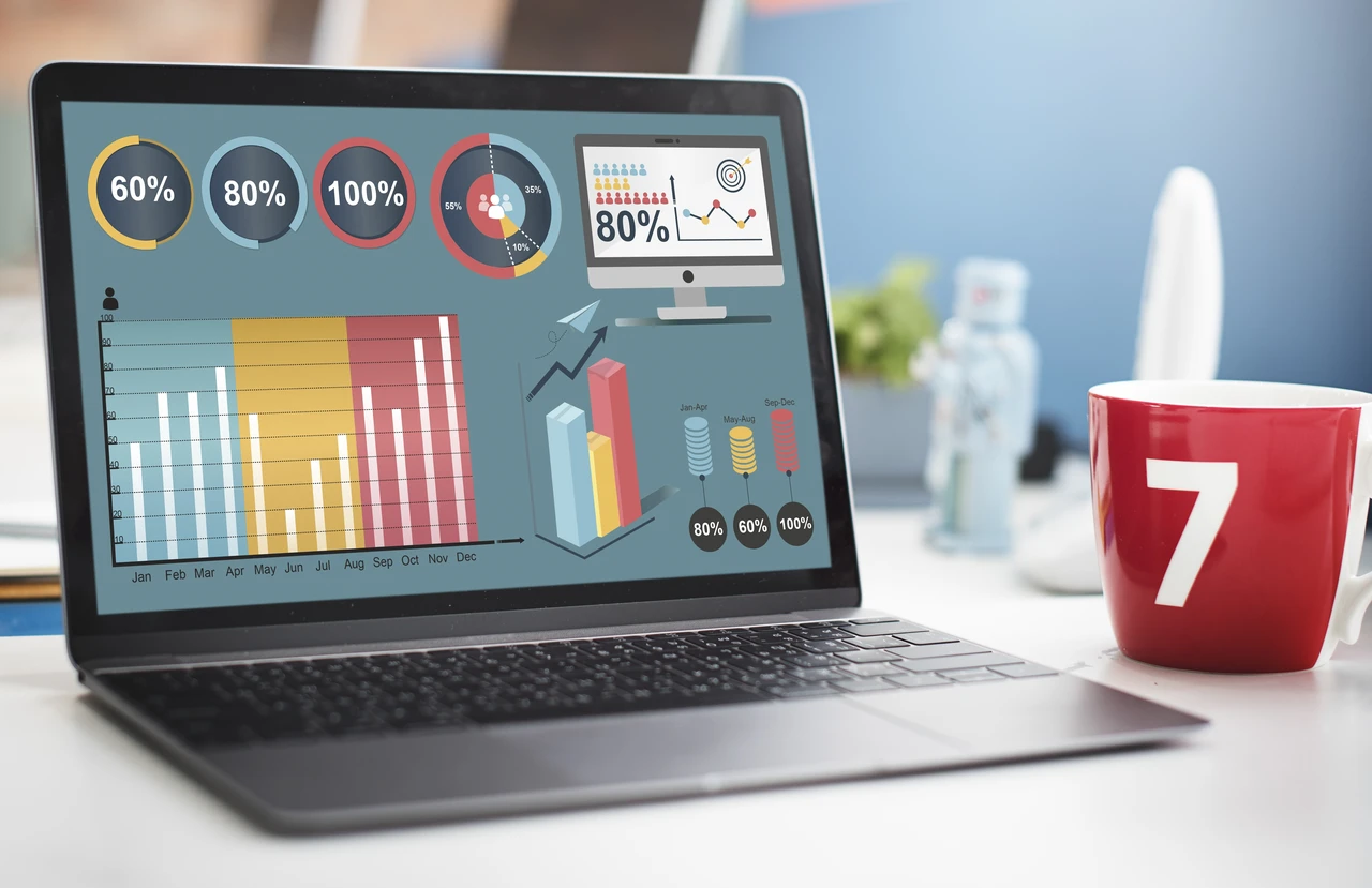 Data visualization charts display business performance metrics