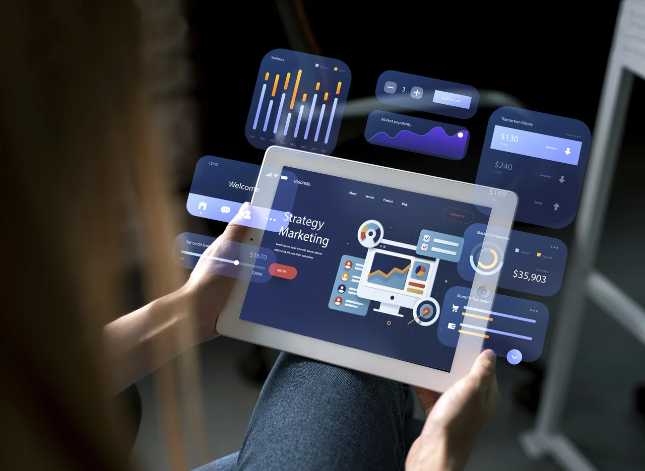 Analyzing business data with digital marketing dashboard.