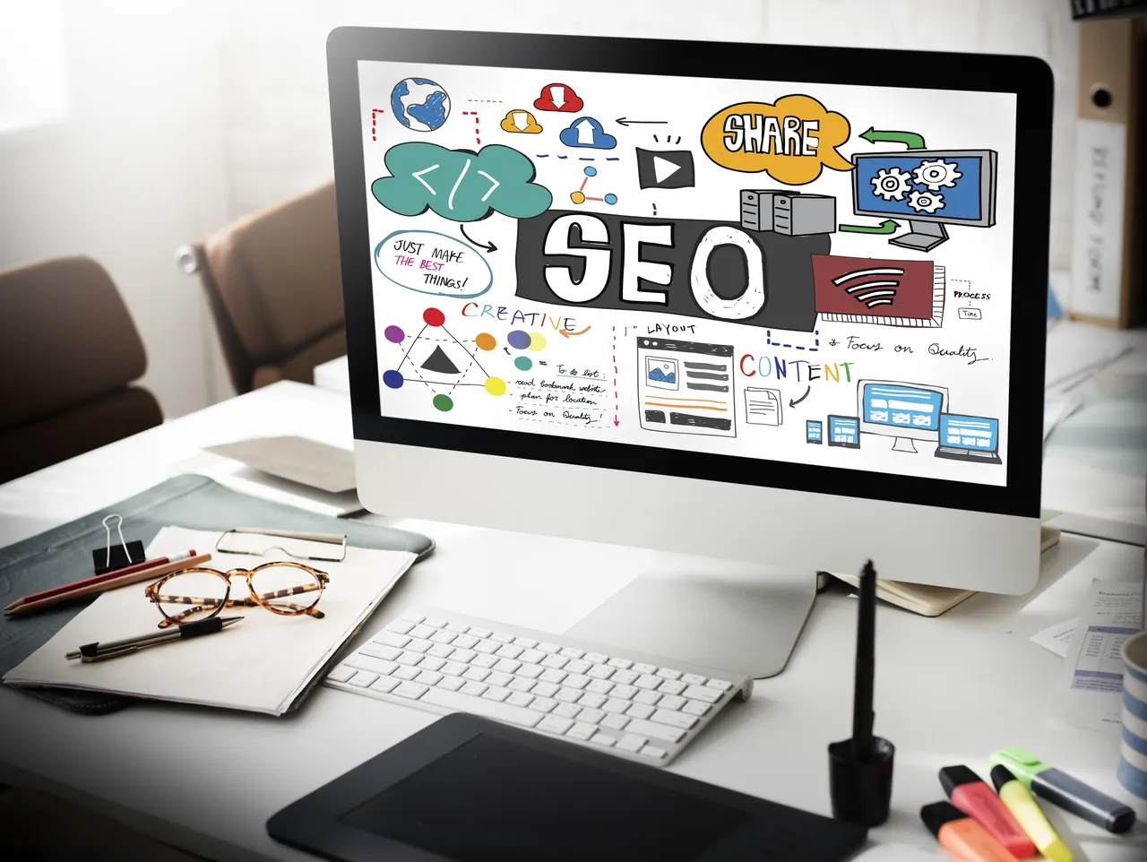 Effective SEO strategy and creative content planning in workplace.