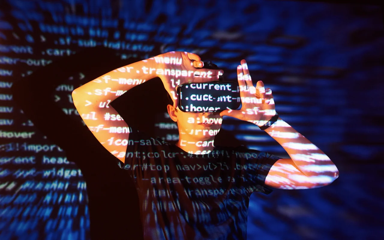 Double exposure caucasian man virtual reality vr headset-is presumably gamer hacker cracking code into secure network server with lines code