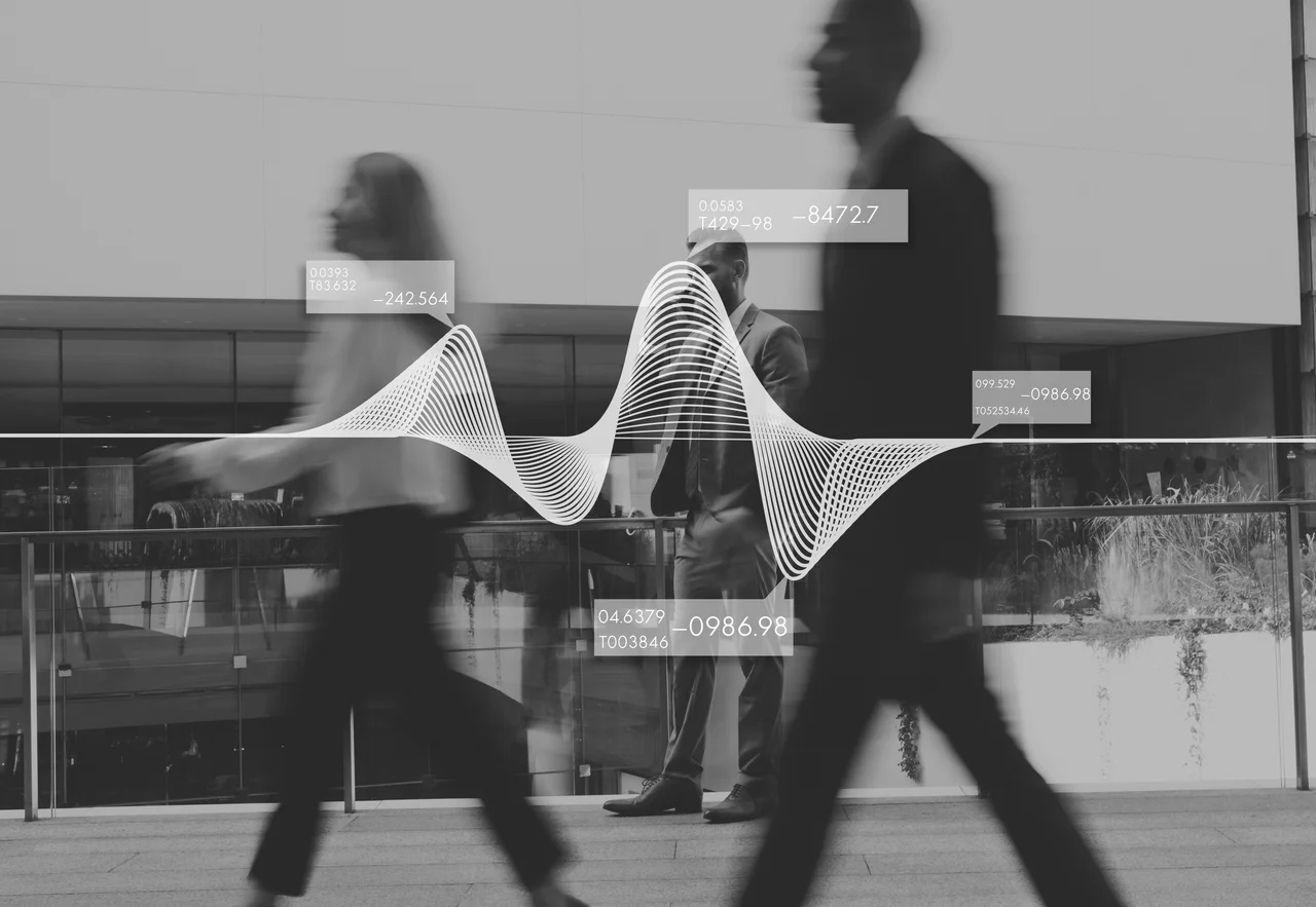 Business individuals walking with marketing charts in their minds.