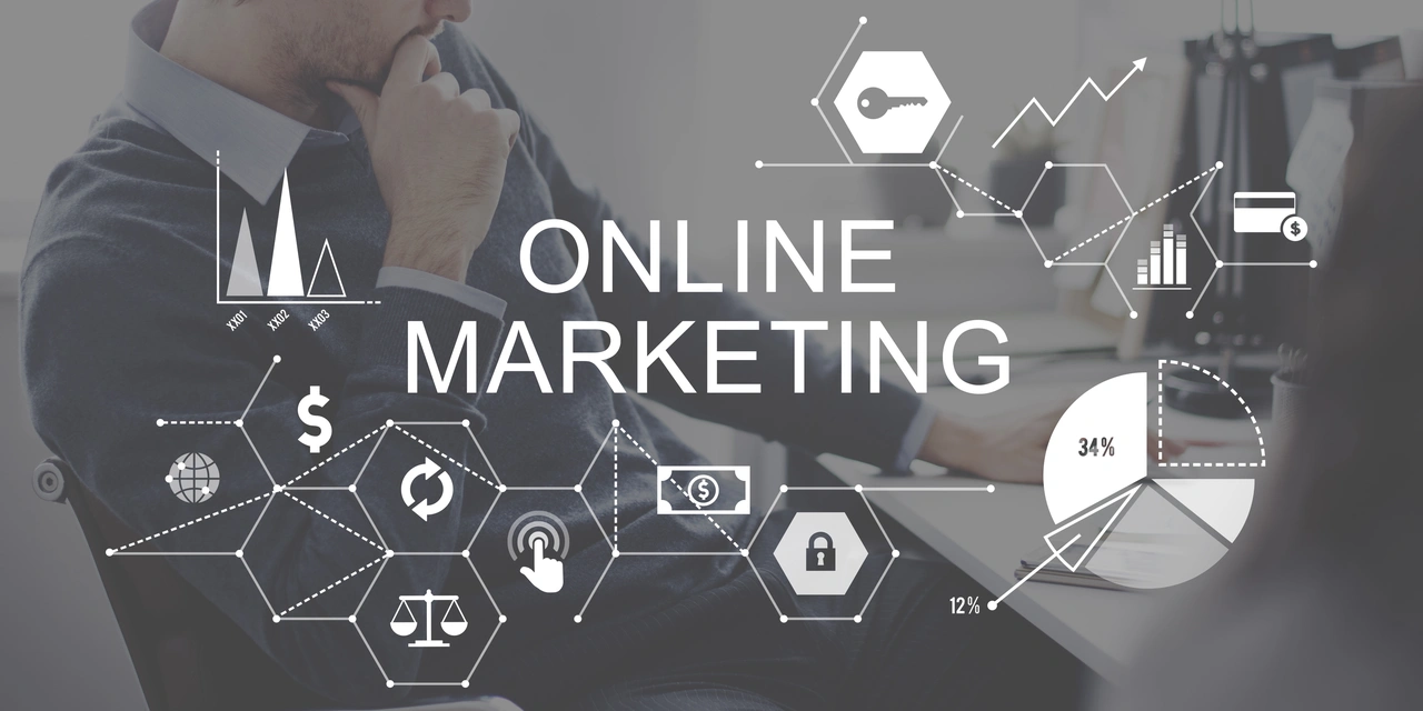 online-marketing-advertising-branding-strategy-concept Marketing specialist with his laptop working on digital marketing campaigns.